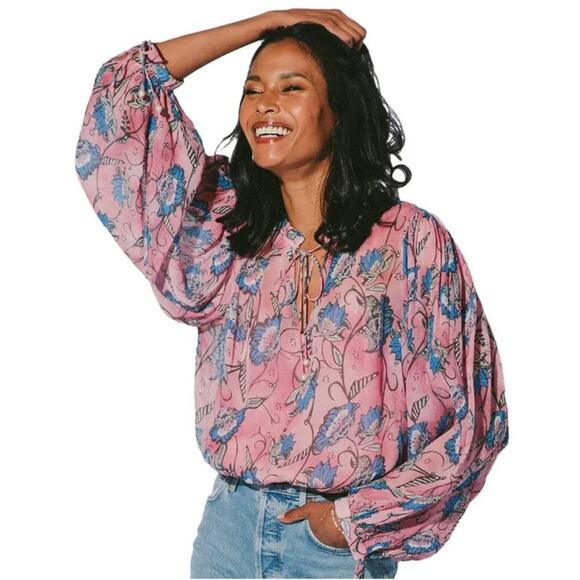 Cleobella Emily Blouse Top Lotus Print Long Sleeves Flowy Pink Blue Size XL - Picture 2 of 12